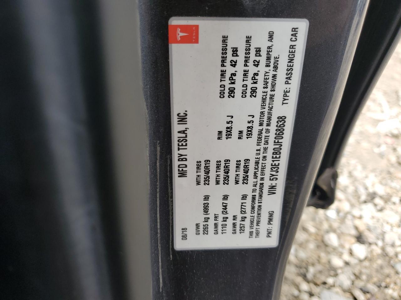 2018 Tesla Model 3 VIN: 5YJ3E1EB0JF068638 Lot: 68871875