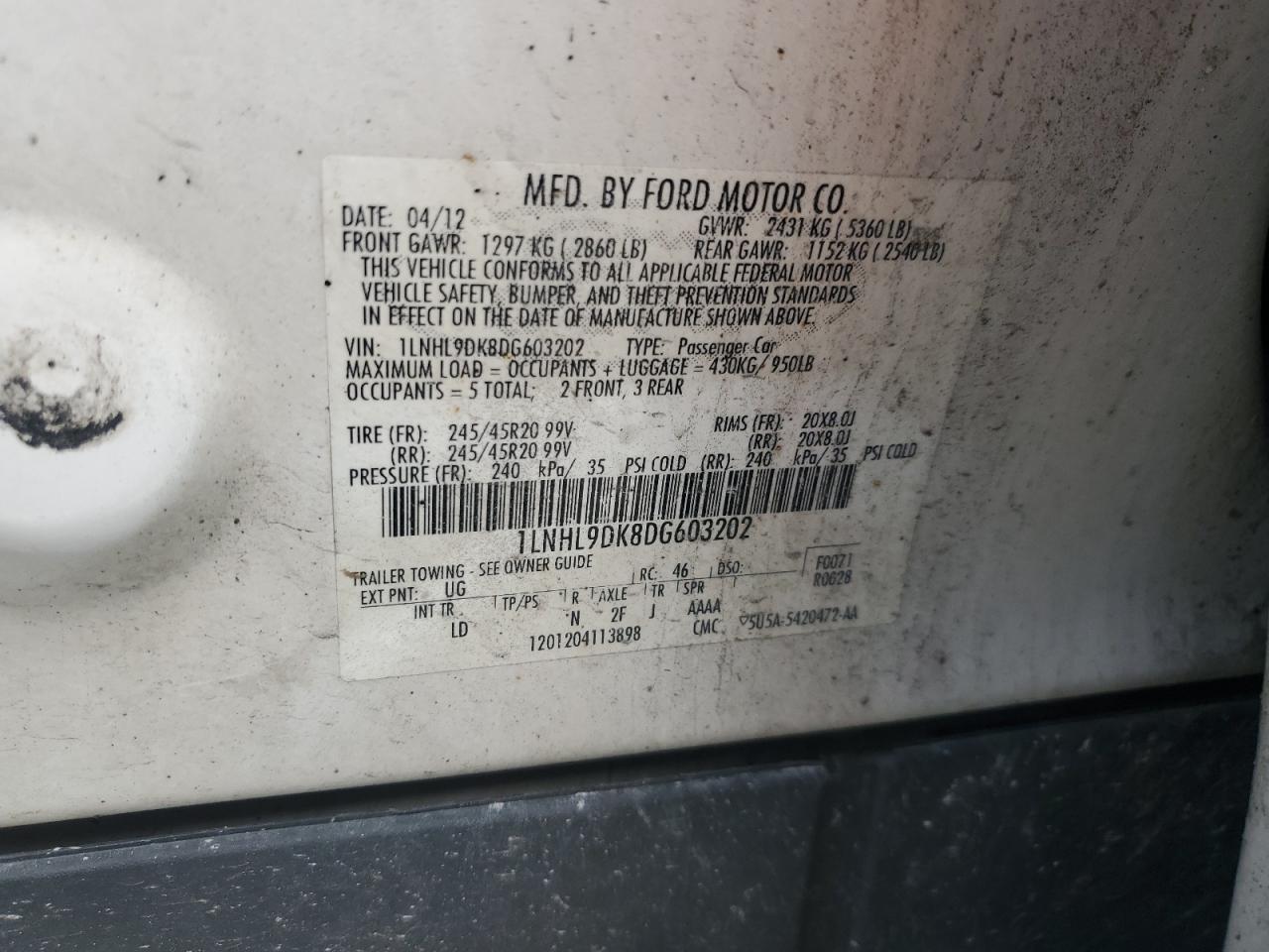 2013 Lincoln Mks VIN: 1LNHL9DK8DG603202 Lot: 70359975