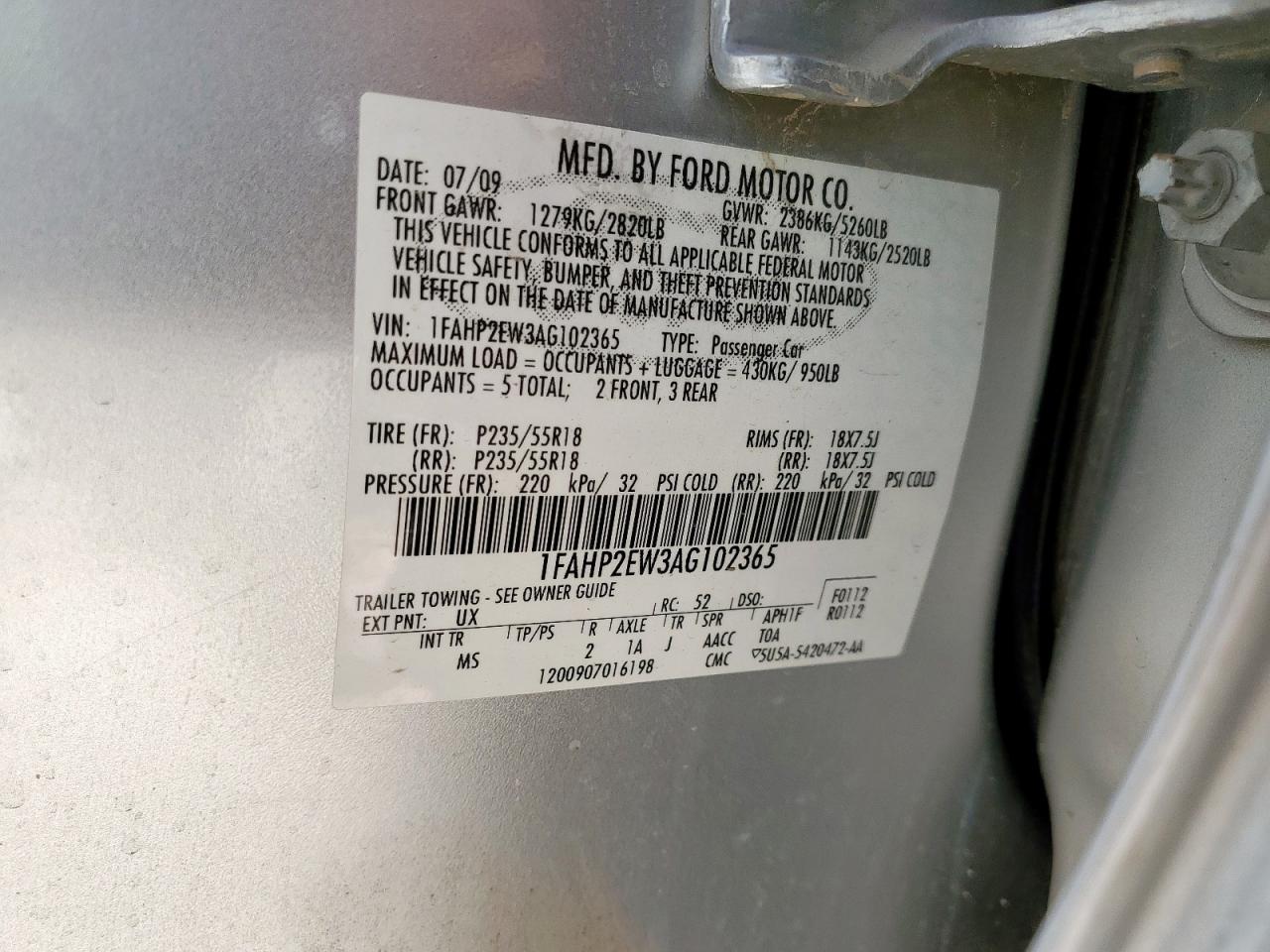 2010 Ford Taurus Sel VIN: 1FAHP2EW3AG102365 Lot: 69874845