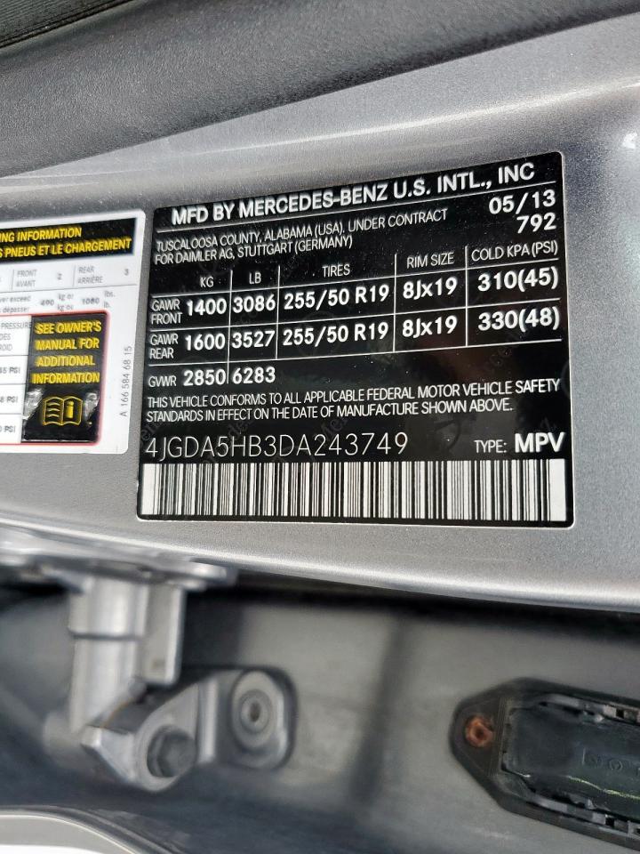 2013 Mercedes-Benz Ml 350 4Matic VIN: 4JGDA5HB3DA243749 Lot: 70516775