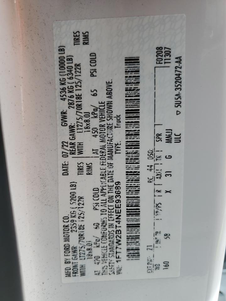 2022 Ford F250 Super Duty VIN: 1FT7W2BT4NEE93689 Lot: 68104565