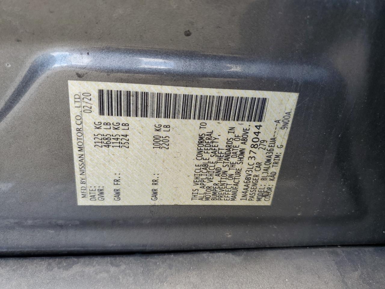 2020 Nissan Maxima S VIN: 1N4AA6BV3LC378044 Lot: 69995375