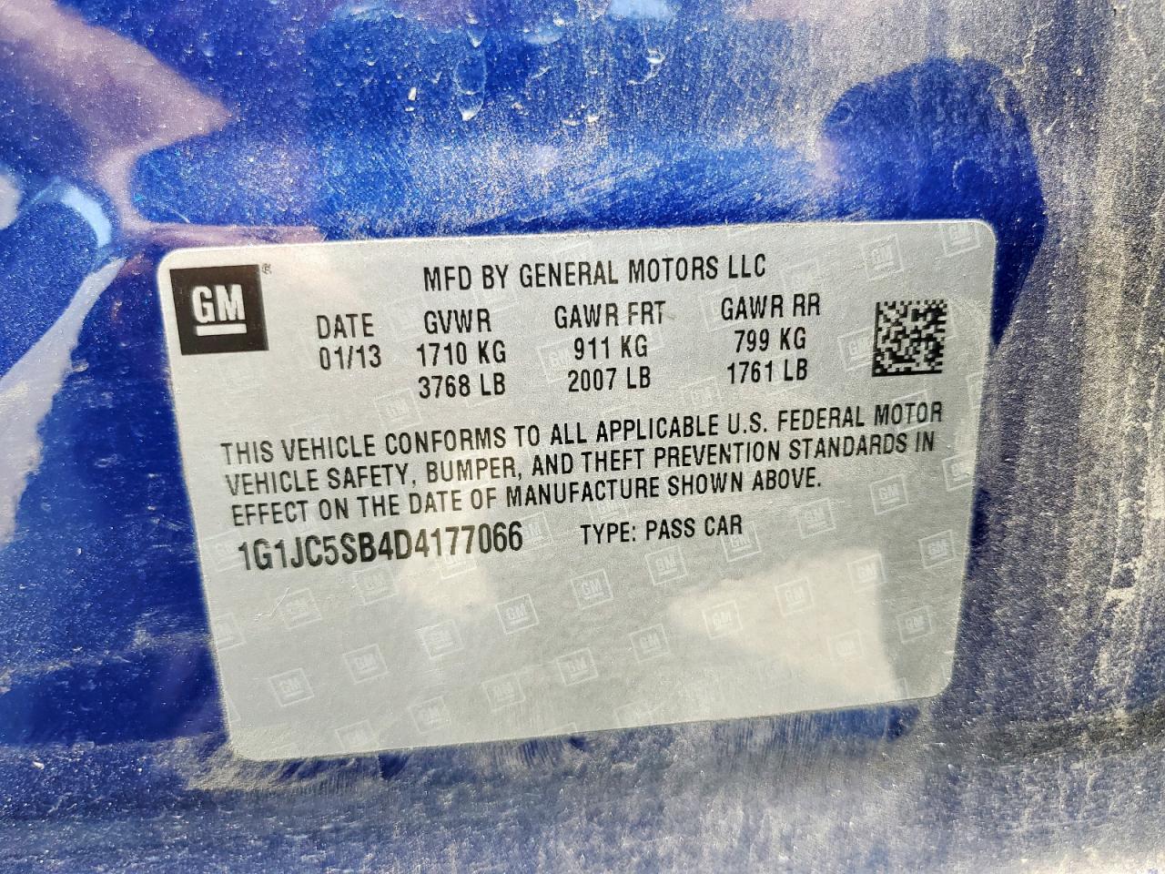 2013 Chevrolet Sonic Lt VIN: 1G1JC5SB4D4177066 Lot: 70454285