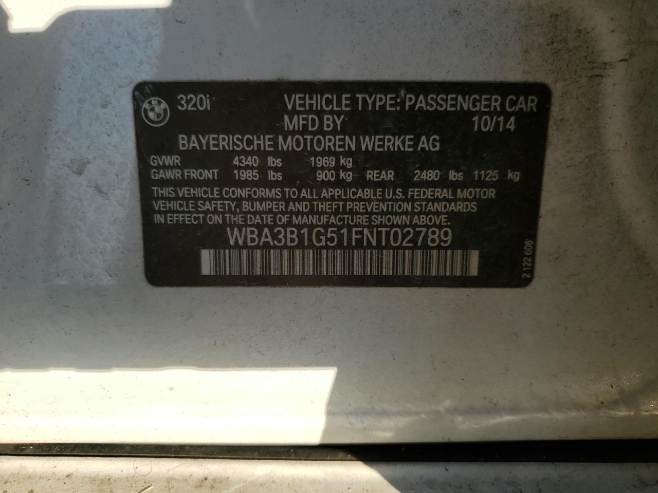 2015 BMW 320 I VIN: WBA3B1G51FNT02789 Lot: 70082545