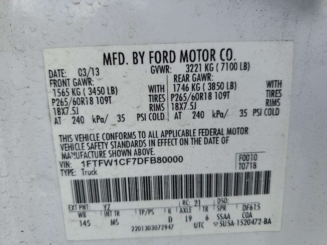 2013 Ford F150 Supercrew VIN: 1FTFW1CF7DFB80000 Lot: 68491135