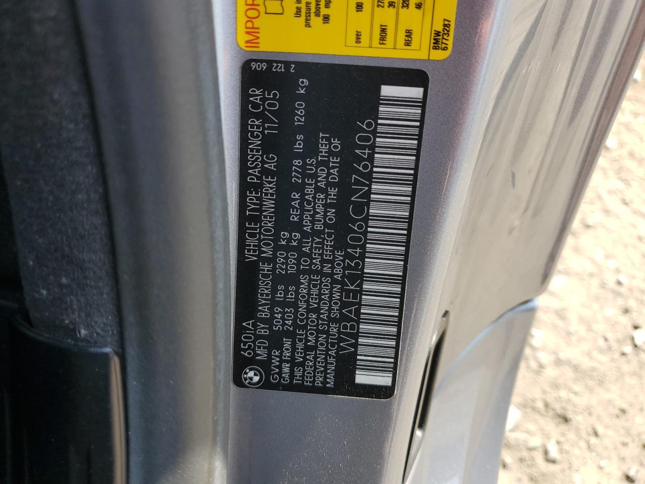 2006 BMW 650 I VIN: WBAEK13406CN76406 Lot: 68000465