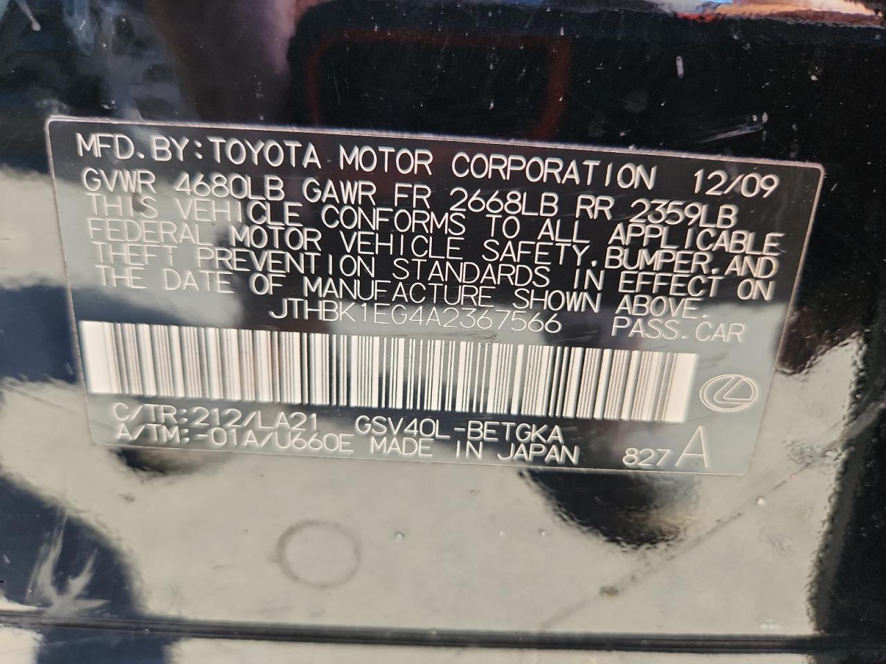 2010 Lexus Es 350 VIN: JTHBK1EG4A2367566 Lot: 70262435