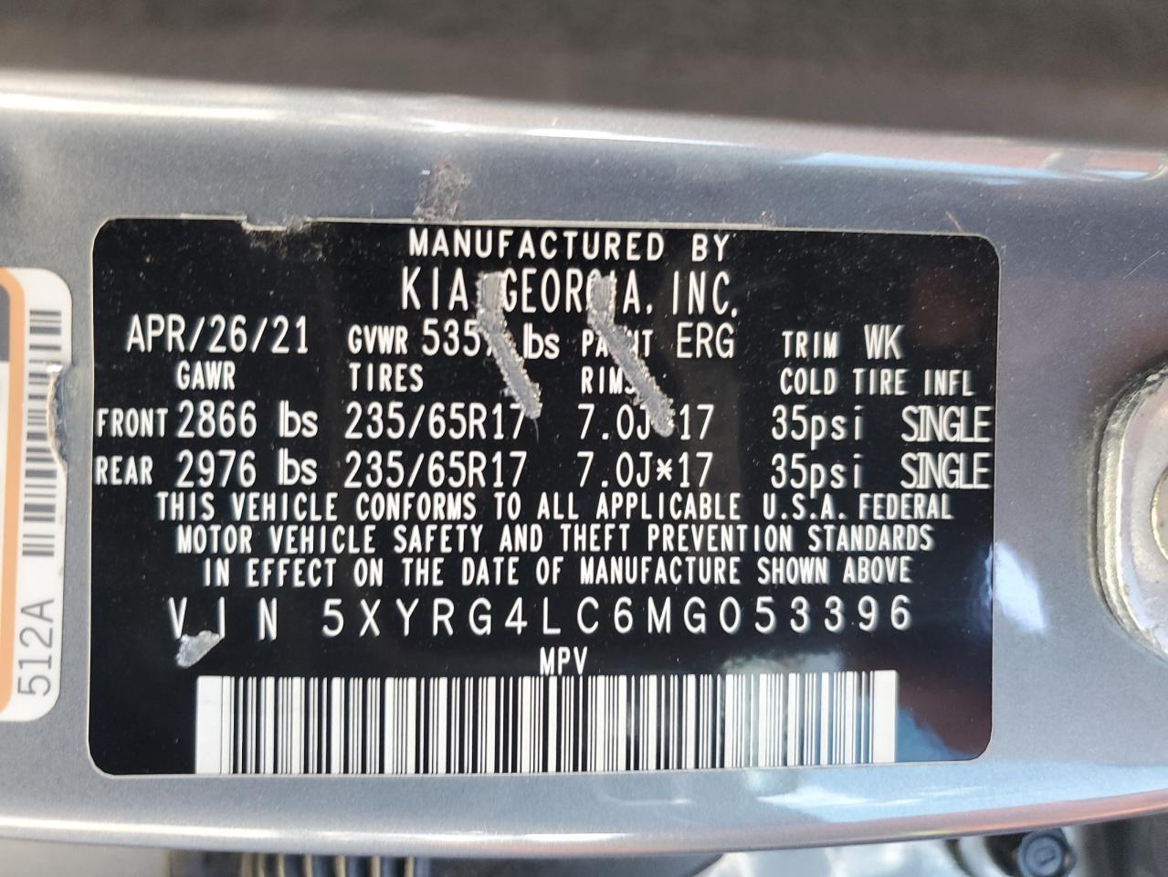 2021 Kia Sorento Lx VIN: 5XYRG4LC6MG053396 Lot: 70307175