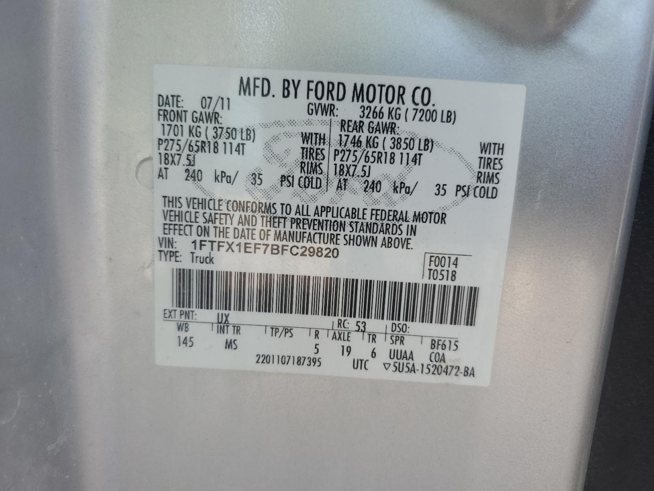 2011 Ford F150 Super Cab VIN: 1FTFX1EF7BFC29820 Lot: 69883795