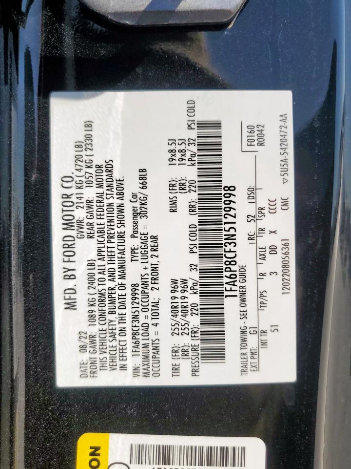 2022 Ford Mustang Gt VIN: 1FA6P8CF3N5129998 Lot: 67974895