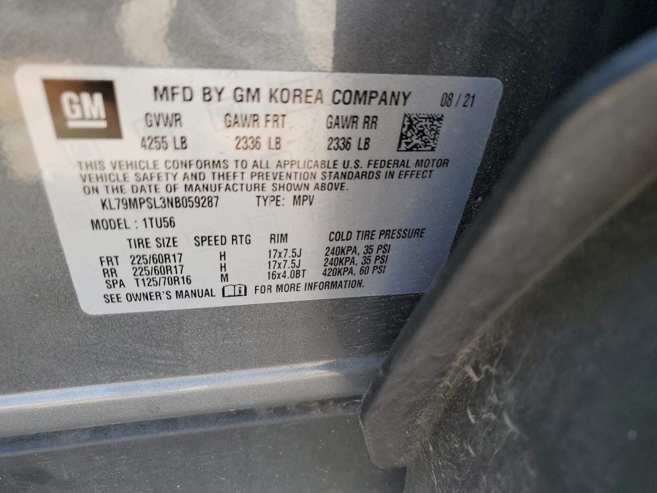 2022 Chevrolet Trailblazer Lt VIN: KL79MPSL3NB059287 Lot: 68646715