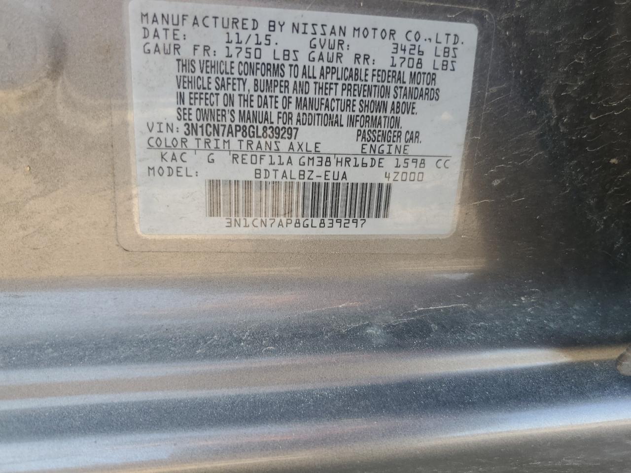 2016 Nissan Versa S VIN: 3N1CN7AP8GL839297 Lot: 69104225