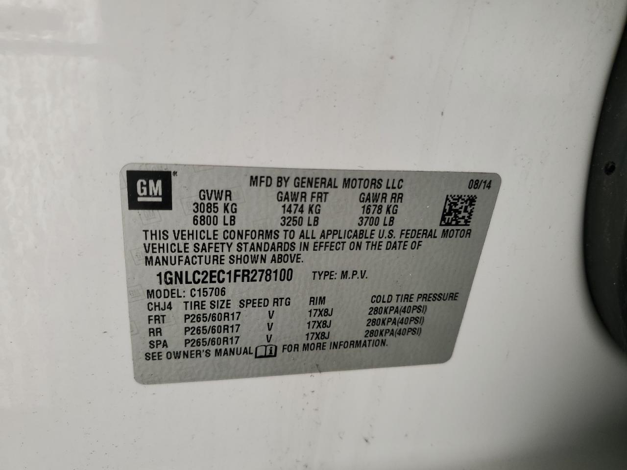 2015 Chevrolet Tahoe Police VIN: 1GNLC2EC1FR278100 Lot: 69649225