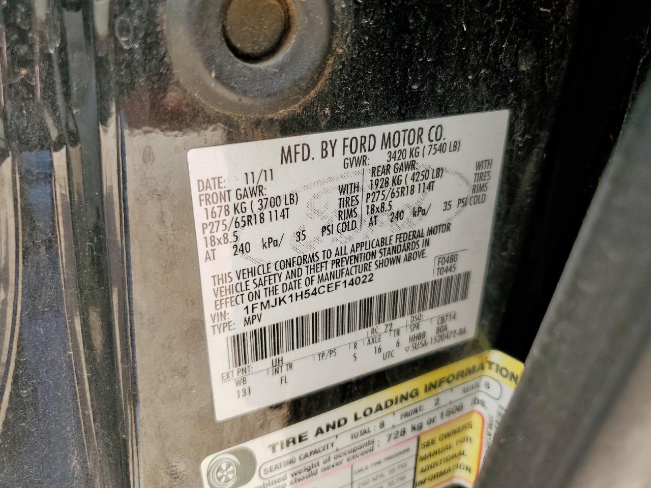 2012 Ford Expedition El Xlt VIN: 1FMJK1H54CEF14022 Lot: 68885095