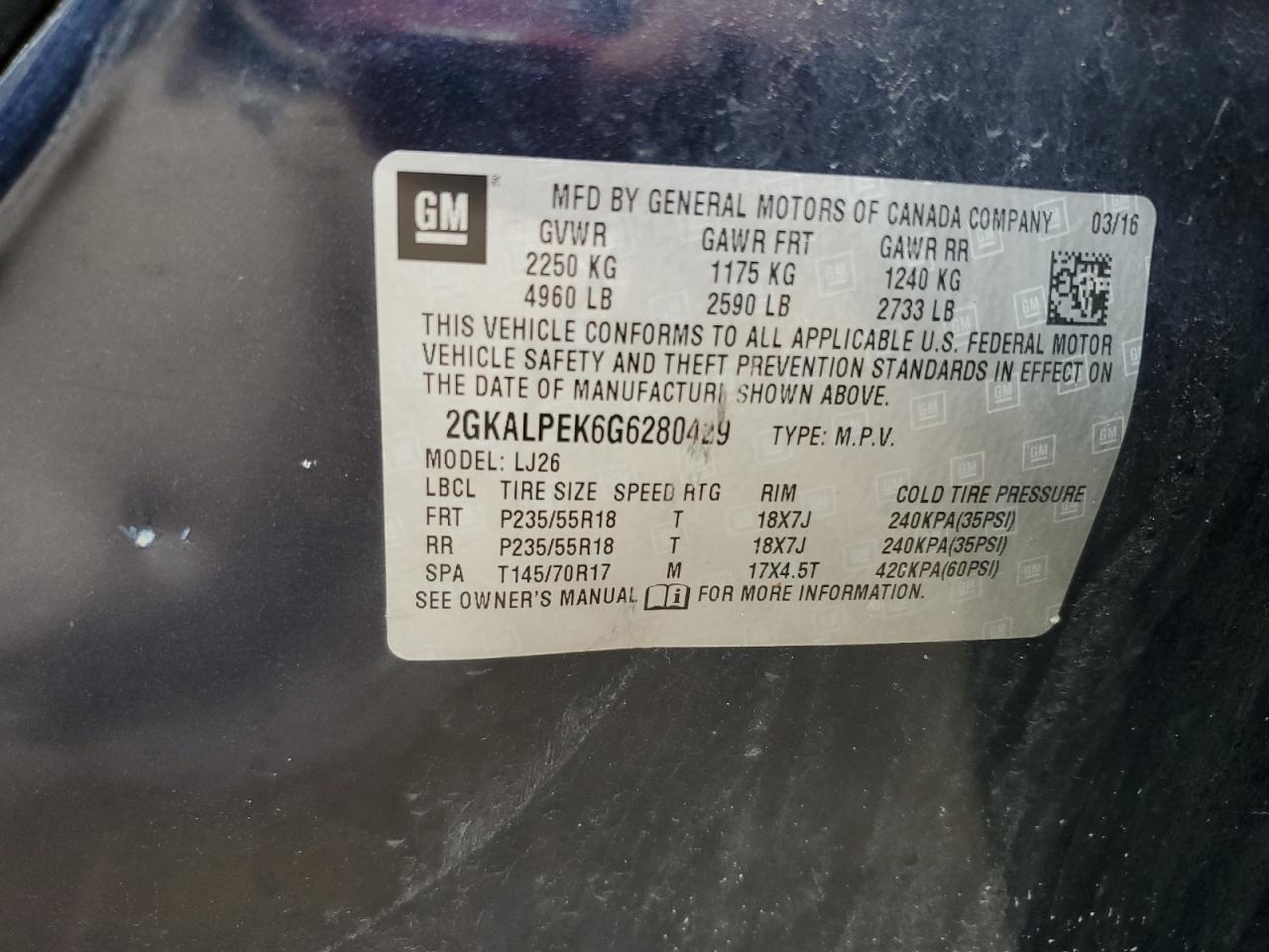 2016 GMC Terrain Slt VIN: 2GKALPEK6G6280429 Lot: 69939135