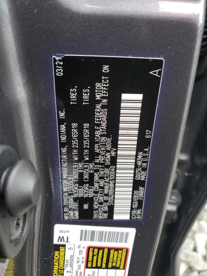 2021 Toyota Highlander Xle VIN: 5TDGZRBH8MS100040 Lot: 66873385