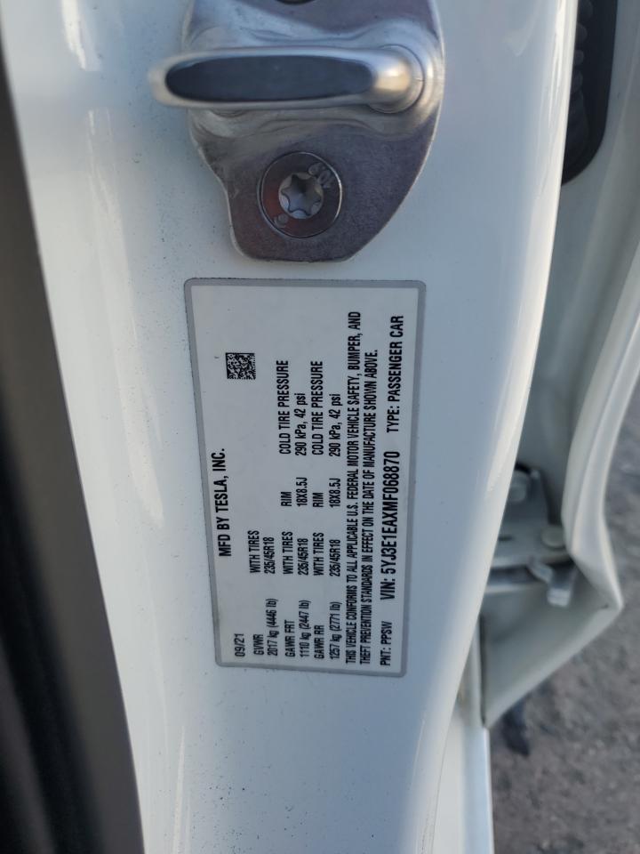 2021 Tesla Model 3 VIN: 5YJ3E1EAXMF068870 Lot: 69112275