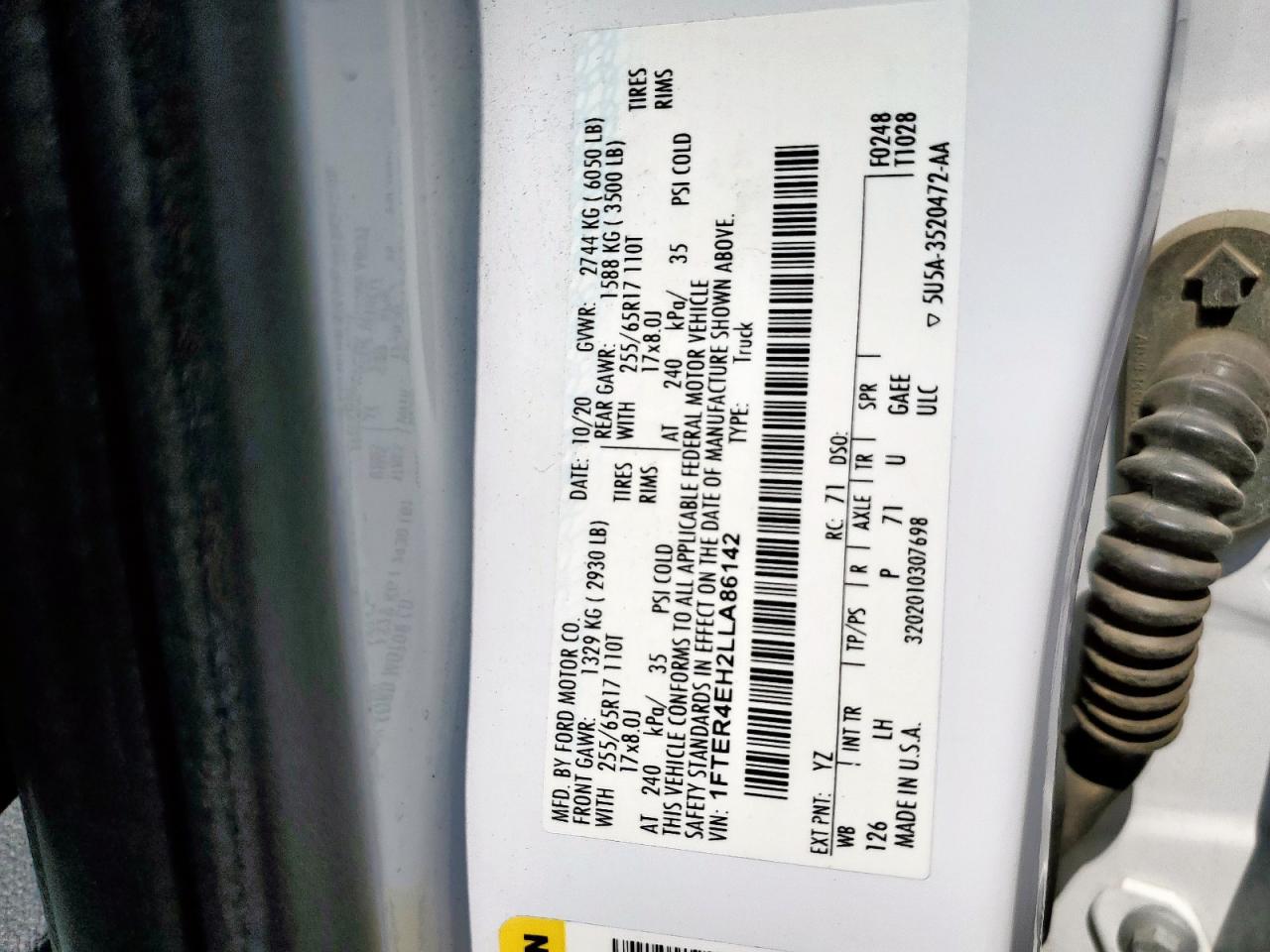 2020 Ford Ranger Xl VIN: 1FTER4EH2LLA86142 Lot: 92138955