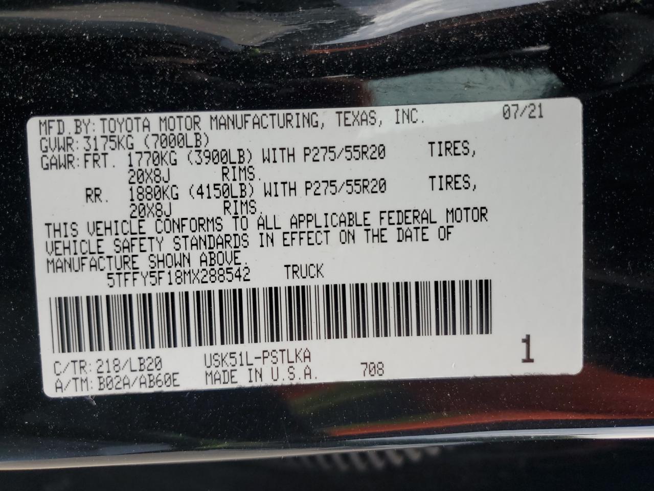 2021 Toyota Tundra Crewmax Limited VIN: 5TFFY5F18MX288542 Lot: 69743805