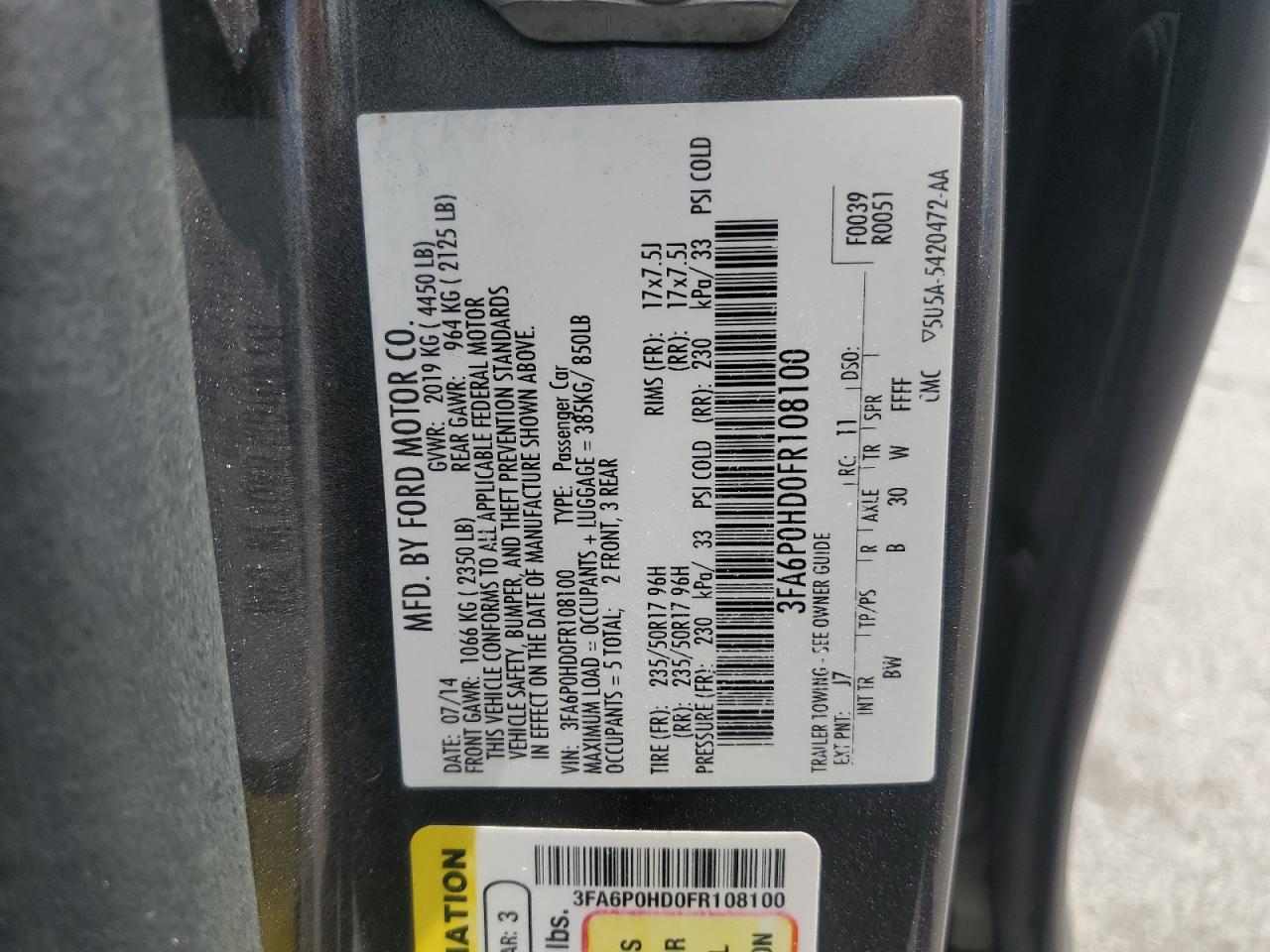 2015 Ford Fusion Se VIN: 3FA6P0HD0FR108100 Lot: 67618975