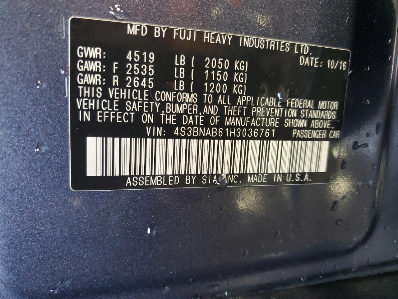 2017 Subaru Legacy 2.5I VIN: 4S3BNAB61H3036761 Lot: 69200935