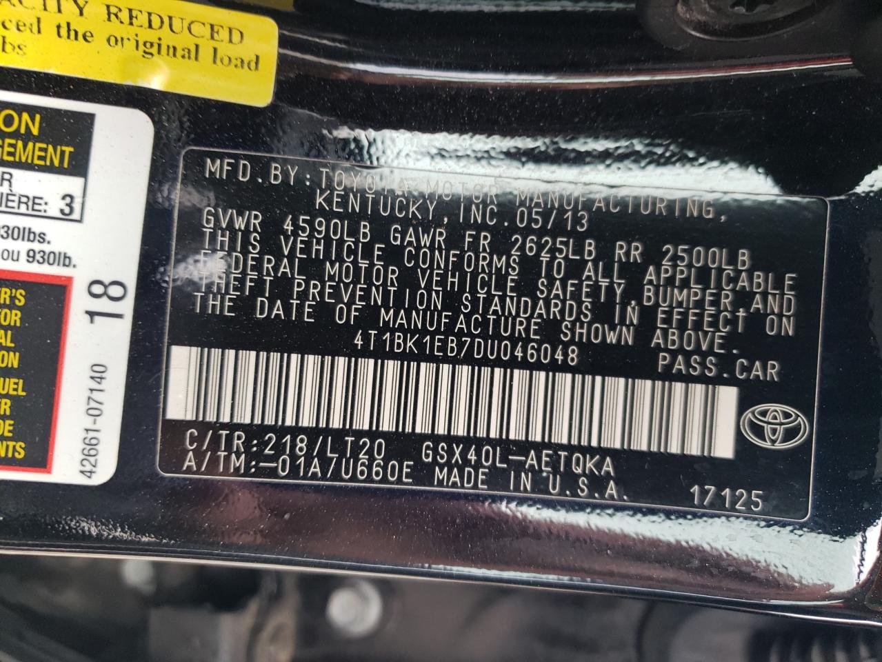 2013 Toyota Avalon Base VIN: 4T1BK1EB7DU046048 Lot: 67477845