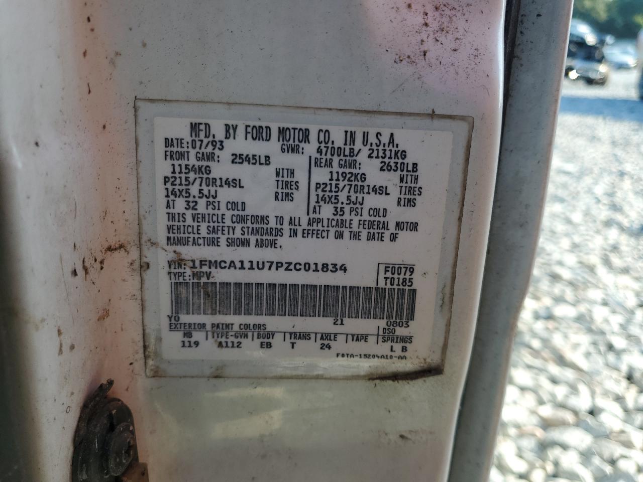 1993 Ford Aerostar VIN: 1FMCA11U7PZC01834 Lot: 68587005