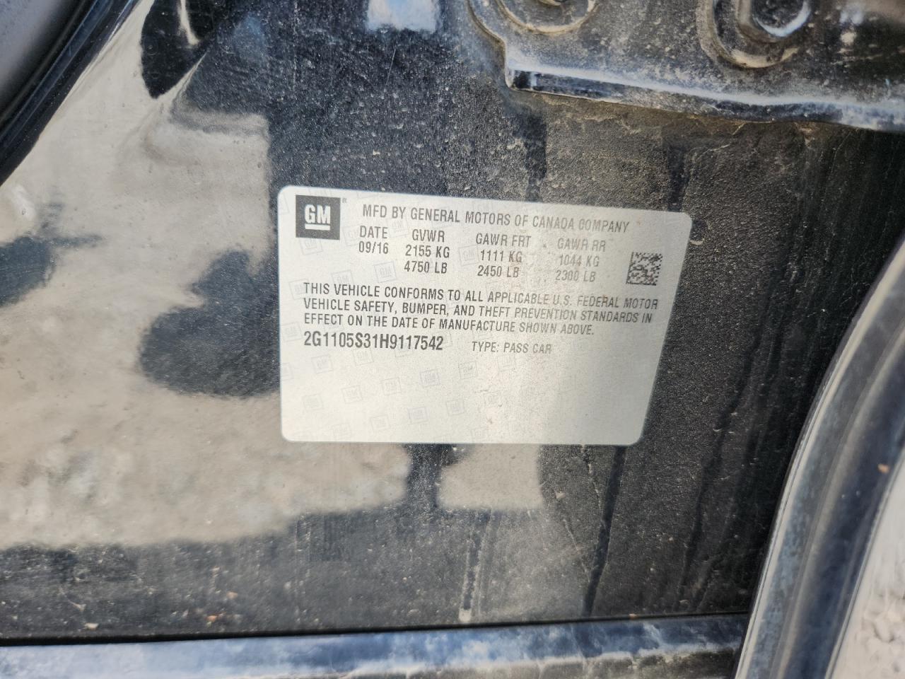 2017 Chevrolet Impala Lt VIN: 2G1105S31H9117542 Lot: 71033215