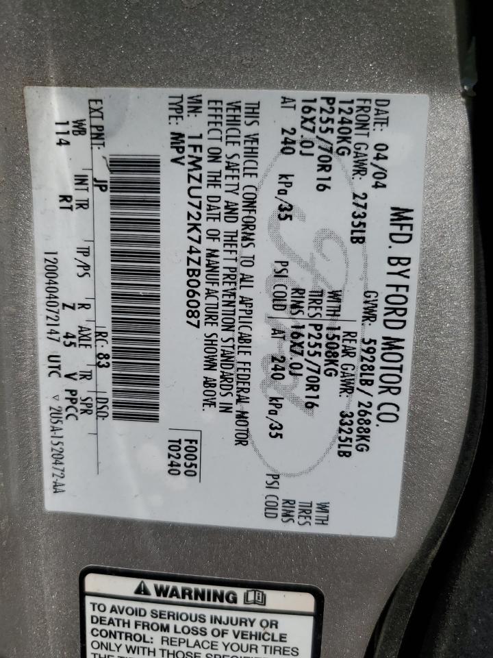 2004 Ford Explorer Xls VIN: 1FMZU72K74ZB06087 Lot: 69496875