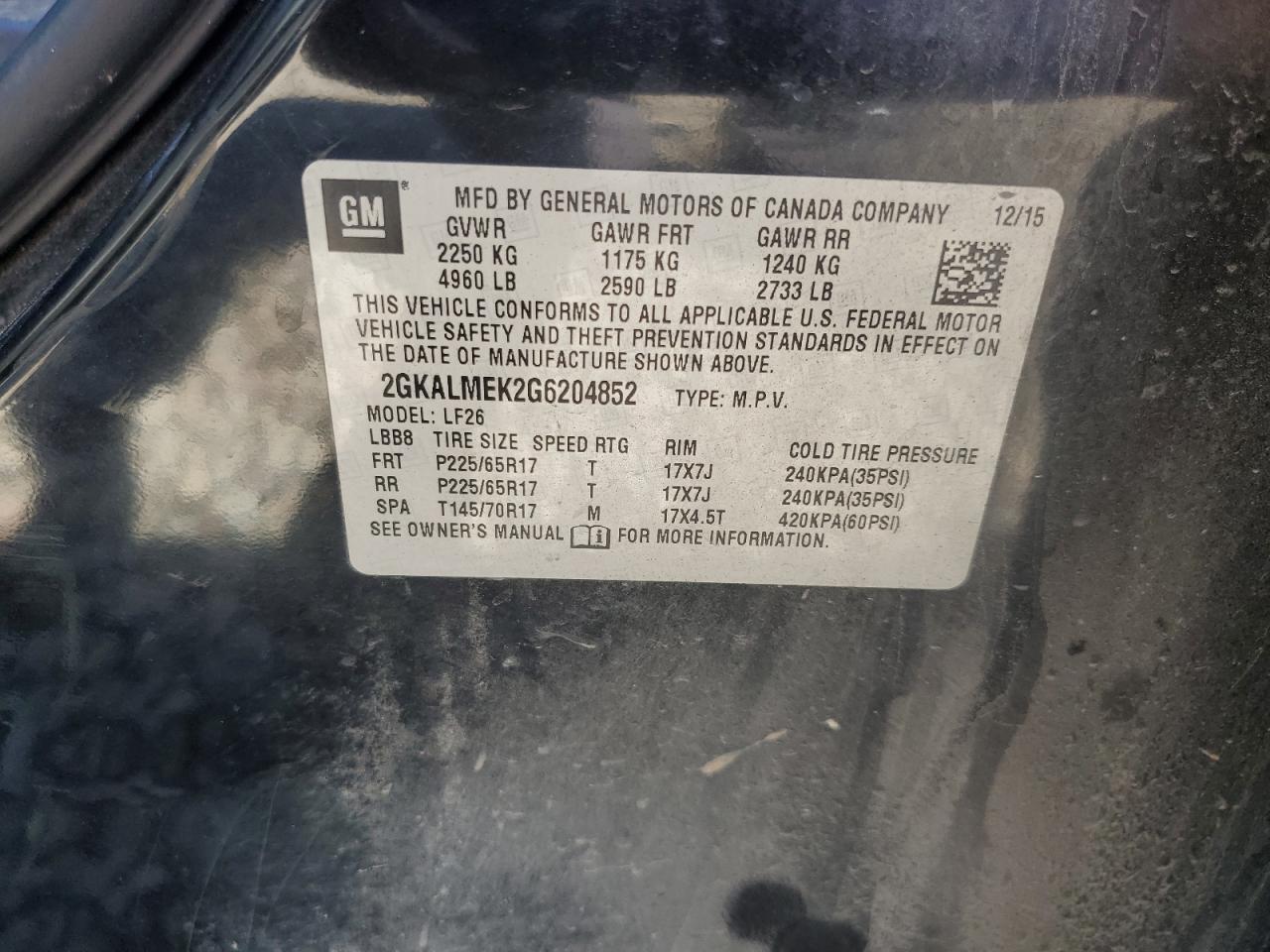 2016 GMC Terrain Sle VIN: 2GKALMEK2G6204852 Lot: 69810915