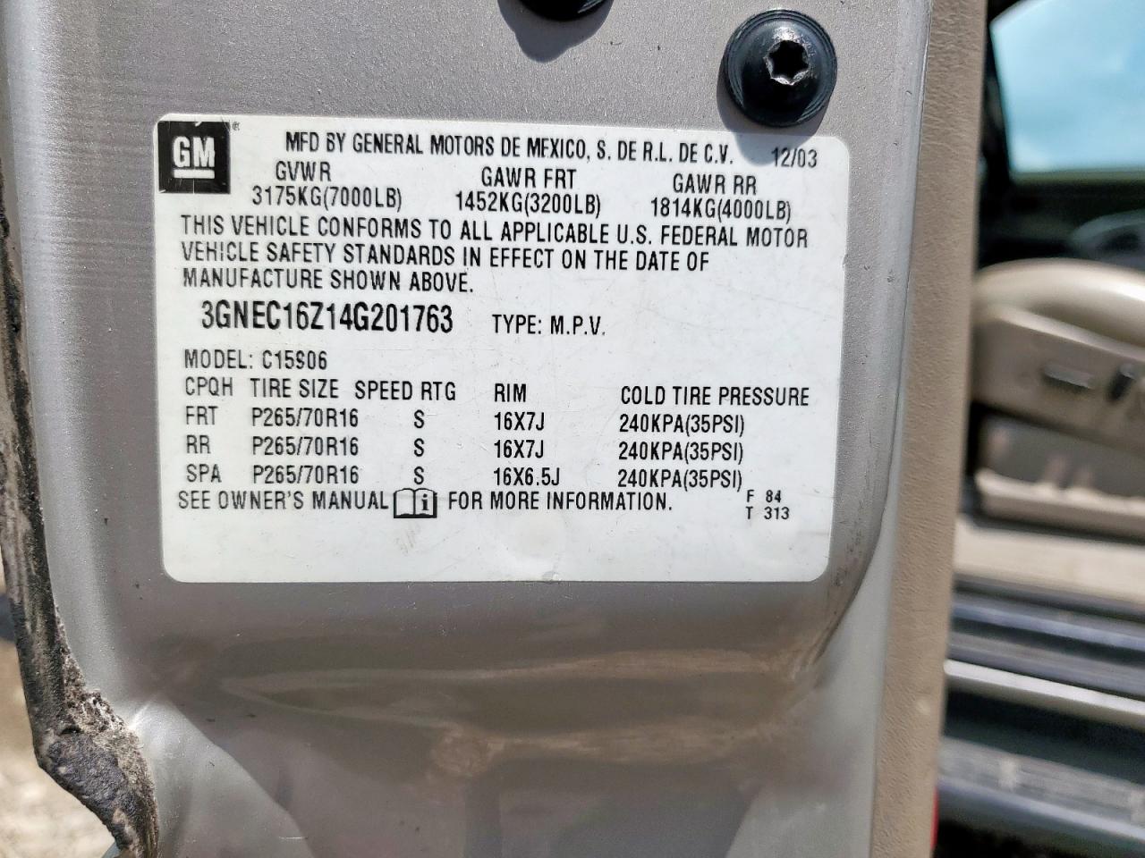 2004 Chevrolet Suburban C1500 VIN: 3GNEC16Z14G201763 Lot: 70873065