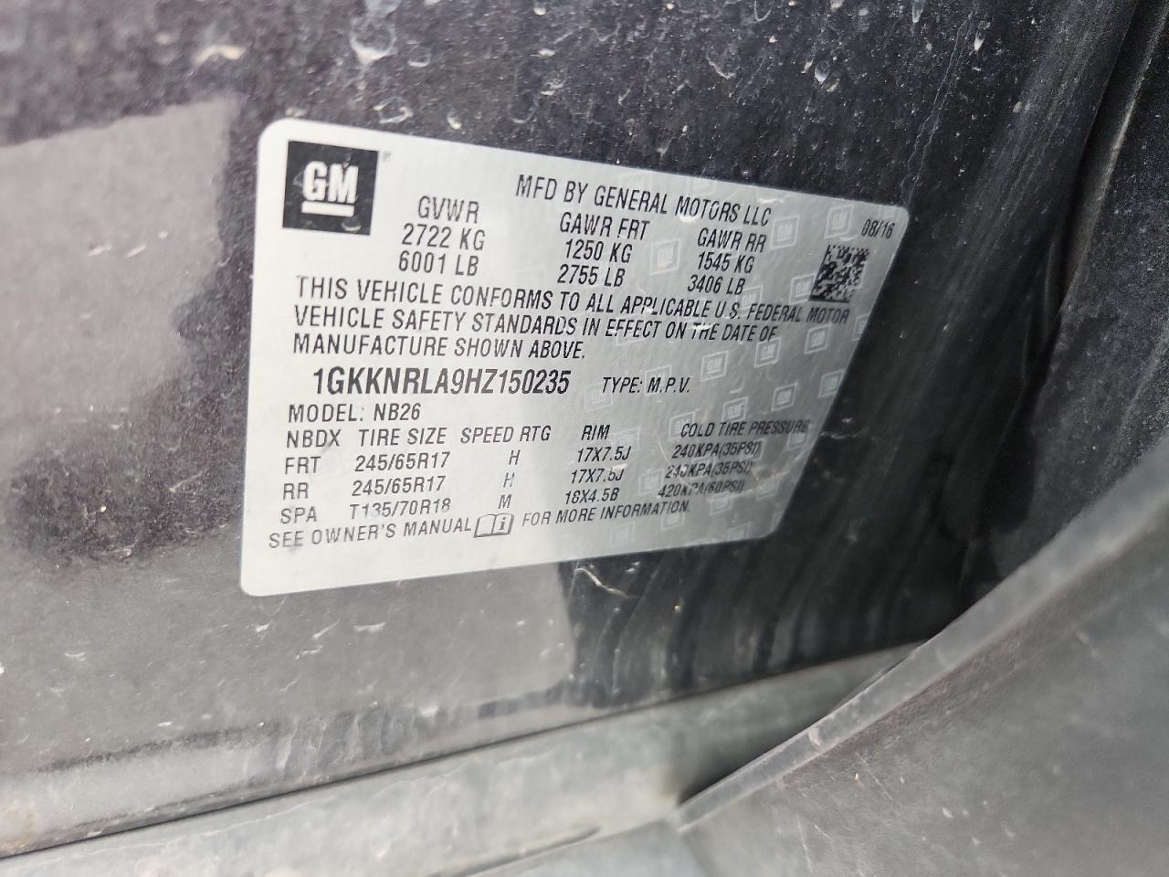 2017 GMC Acadia Sle VIN: 1GKKNRLA9HZ150235 Lot: 68089745