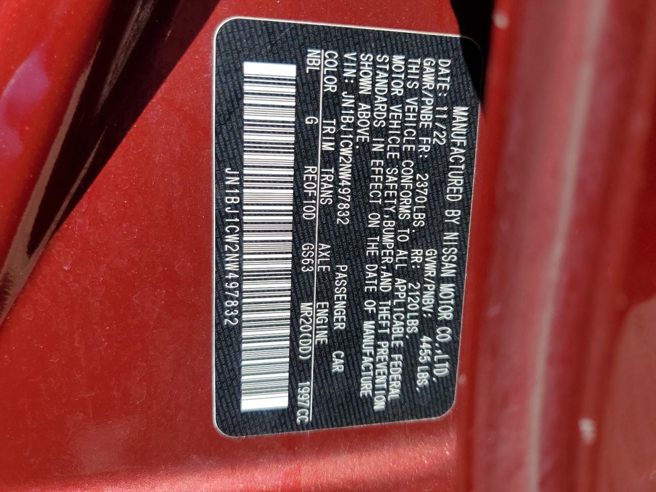 2022 Nissan Rogue Sport Sl VIN: JN1BJ1CW2NW497832 Lot: 70151675