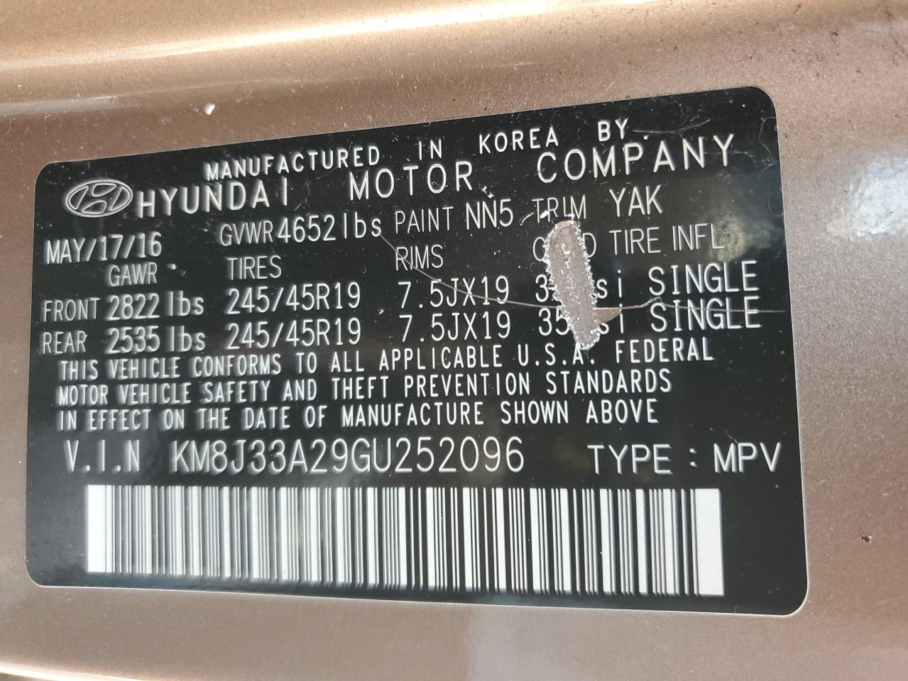 2016 Hyundai Tucson Limited VIN: KM8J33A29GU252096 Lot: 68467165