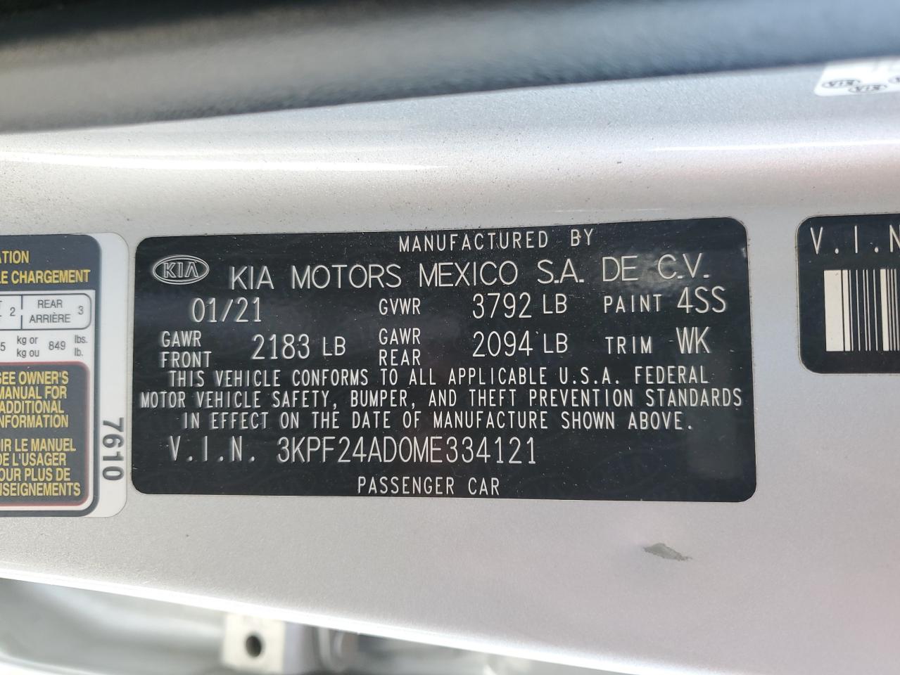 2021 Kia Forte Fe VIN: 3KPF24AD0ME334121 Lot: 70181775