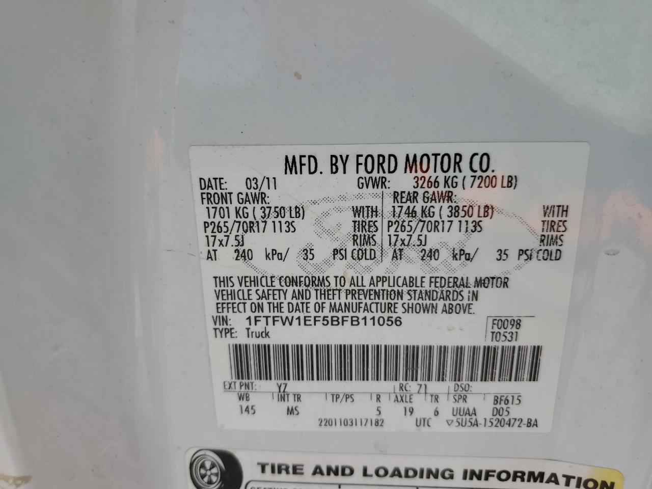 2011 Ford F150 Supercrew VIN: 1FTFW1EF5BFB11056 Lot: 68589685