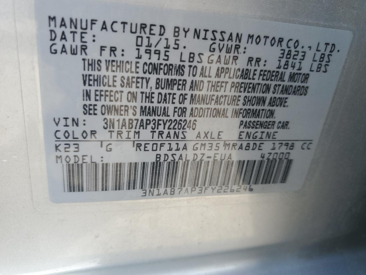 2015 Nissan Sentra S VIN: 3N1AB7AP3FY226246 Lot: 69188665