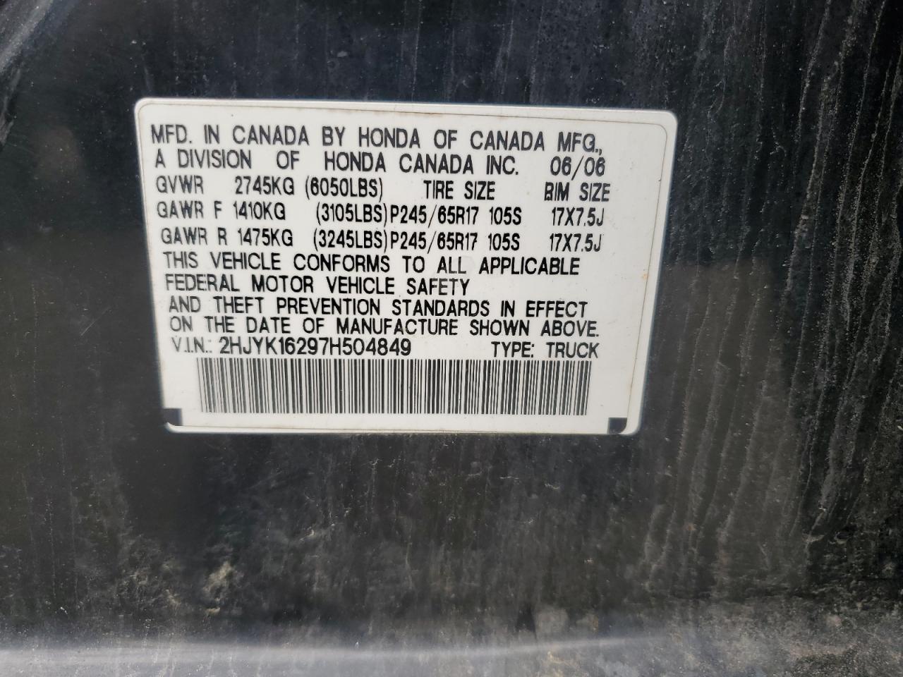 2007 Honda Ridgeline Rt VIN: 2HJYK16297H504849 Lot: 68447765
