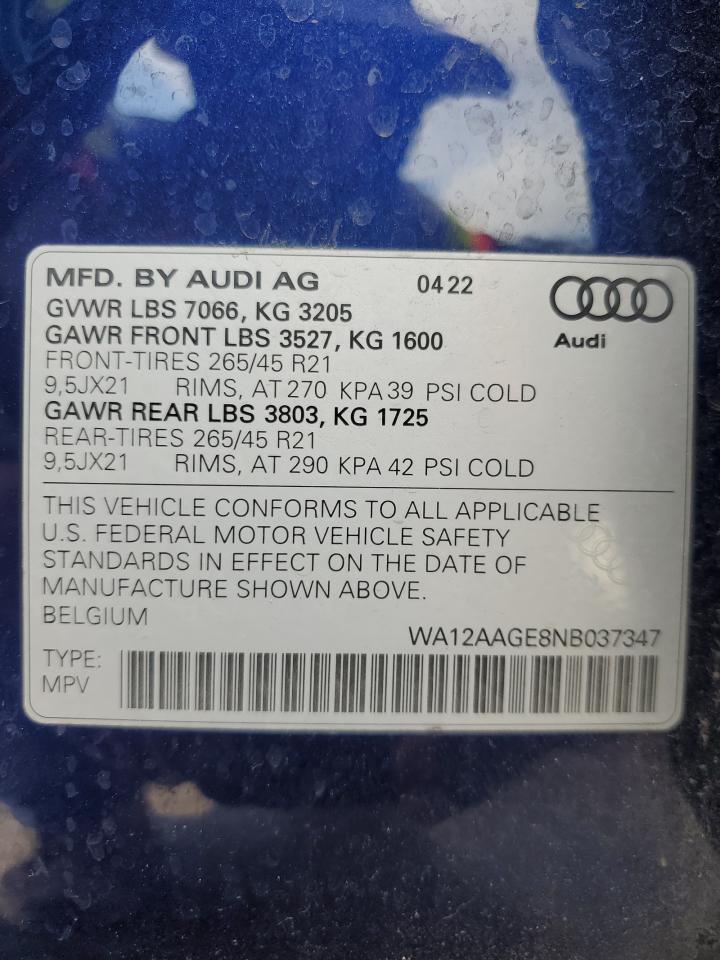2022 Audi E-Tron Sportback Premium Plus VIN: WA12AAGE8NB037347 Lot: 69038425