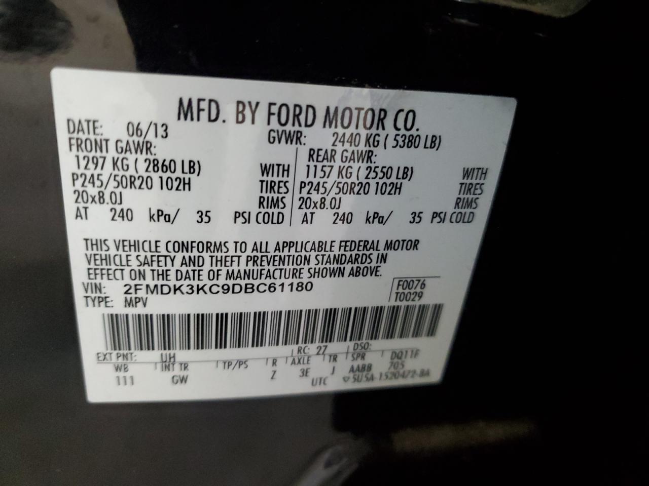 2013 Ford Edge Limited VIN: 2FMDK3KC9DBC61180 Lot: 67151465
