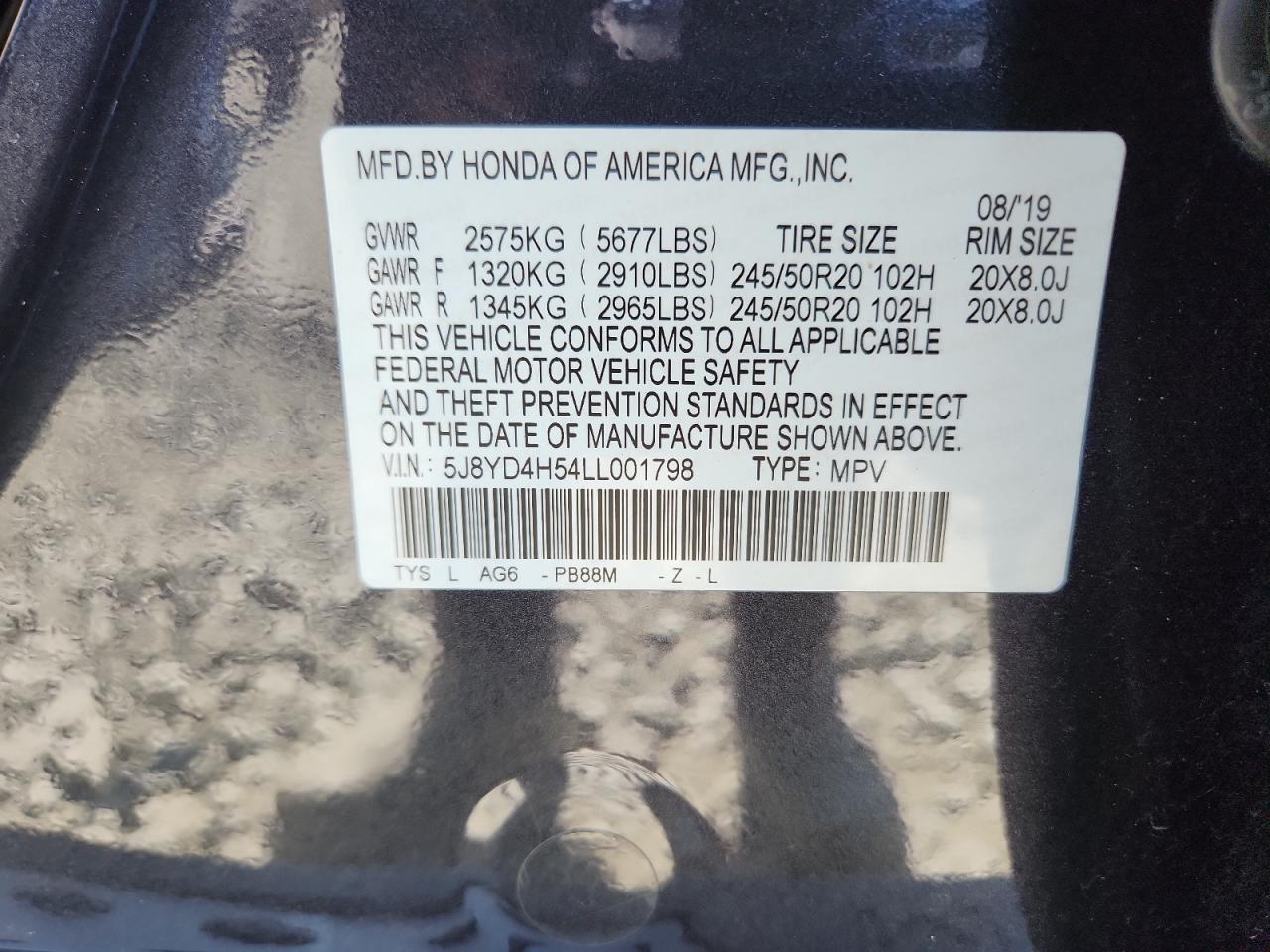 2020 Acura Mdx Technology VIN: 5J8YD4H54LL001798 Lot: 67377795