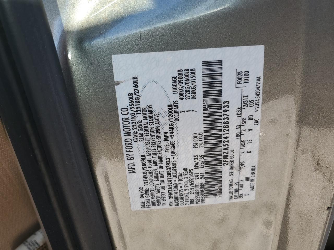 2002 Ford Windstar Se VIN: 2FMZA52412BB37933 Lot: 70320895