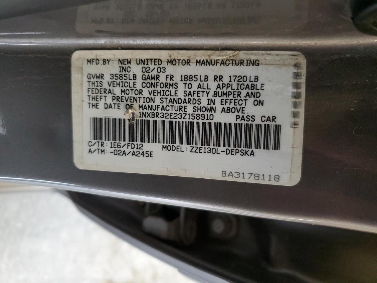 2003 Toyota Corolla Ce VIN: 1NXBR32E23Z158910 Lot: 68782545