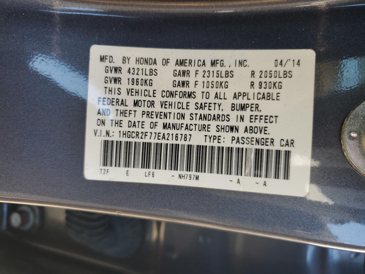 2014 Honda Accord Ex VIN: 1HGCR2F77EA216787 Lot: 68670325