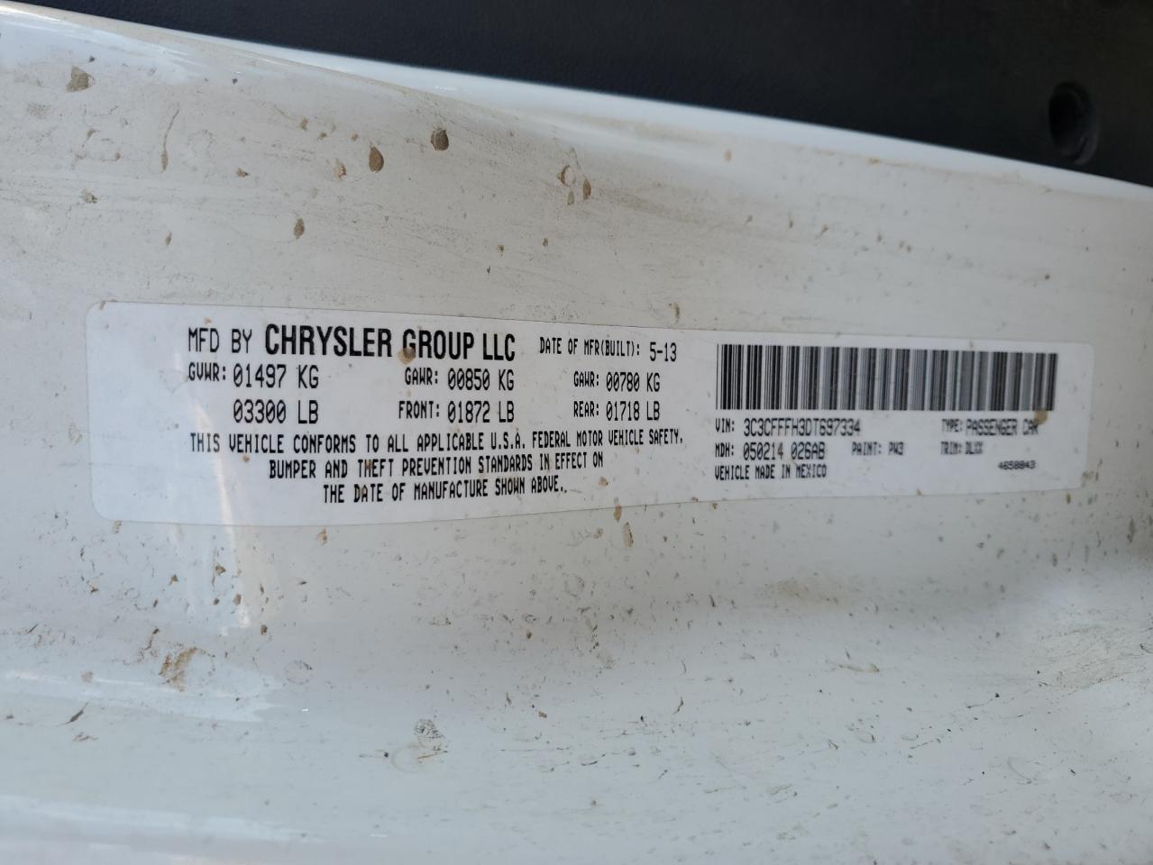 2013 Fiat 500 Abarth VIN: 3C3CFFFH3DT697334 Lot: 69382185