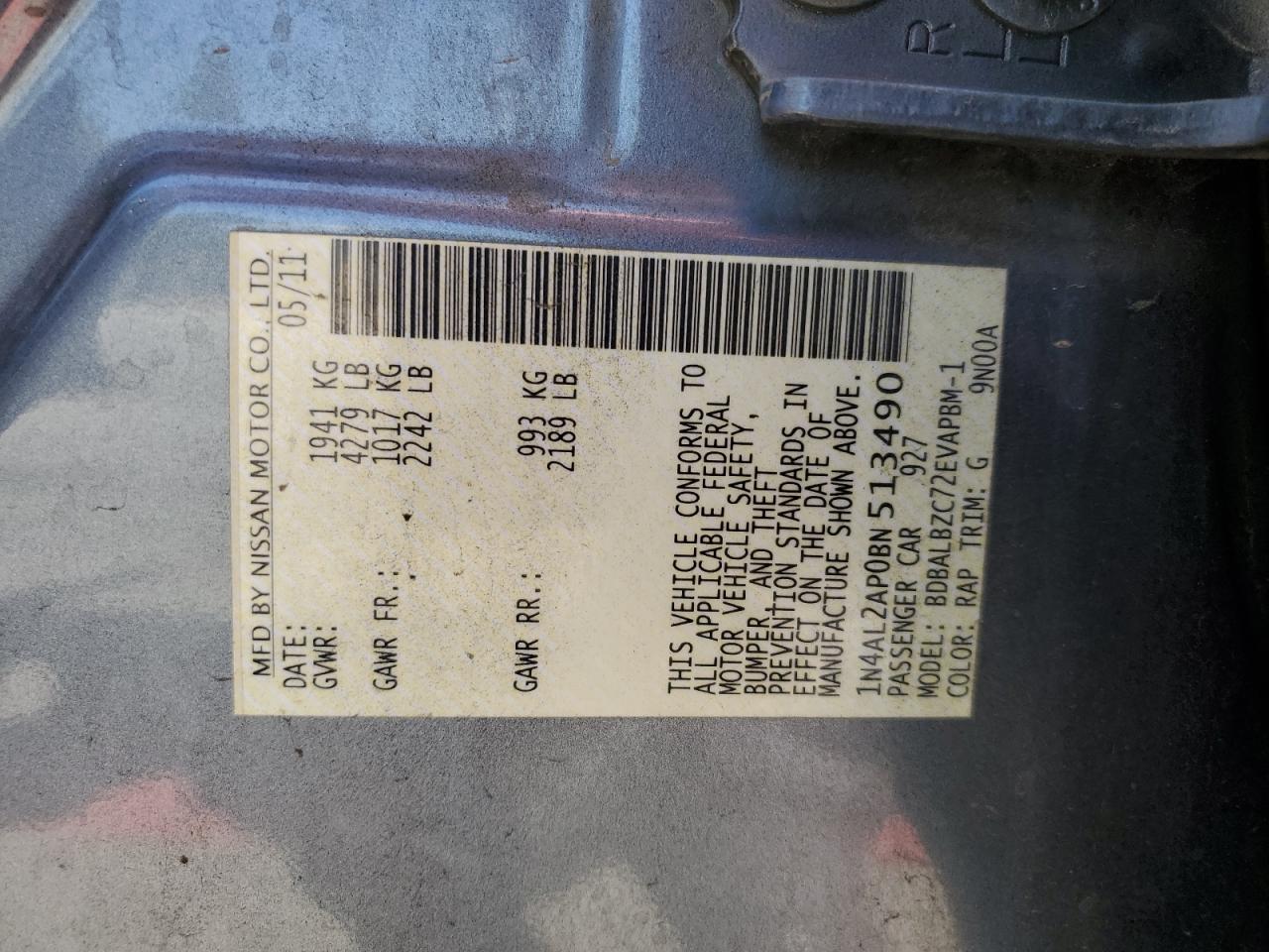 2011 Nissan Altima Base VIN: 1N4AL2AP0BN513490 Lot: 70771225