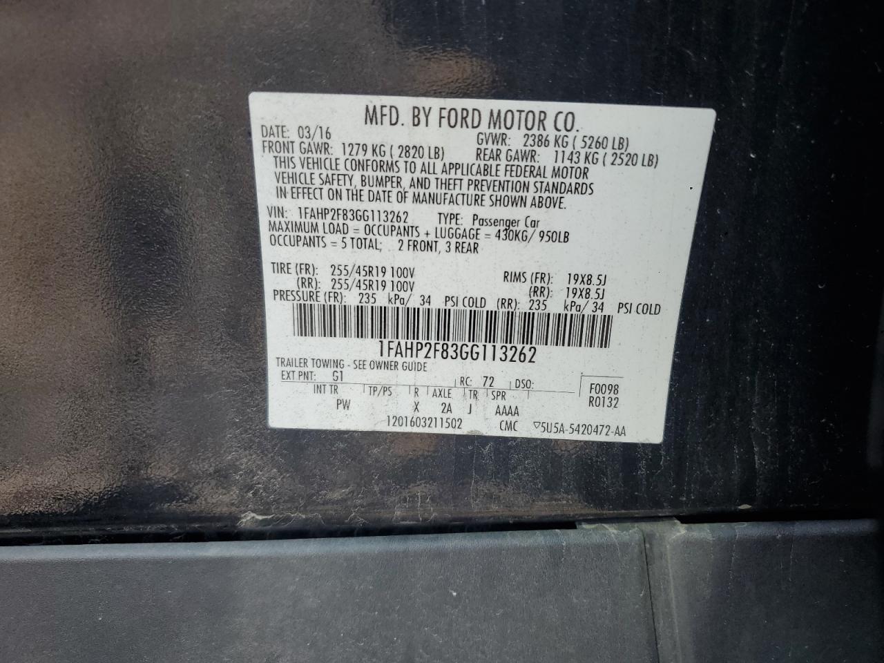 2016 Ford Taurus Limited VIN: 1FAHP2F83GG113262 Lot: 69350535