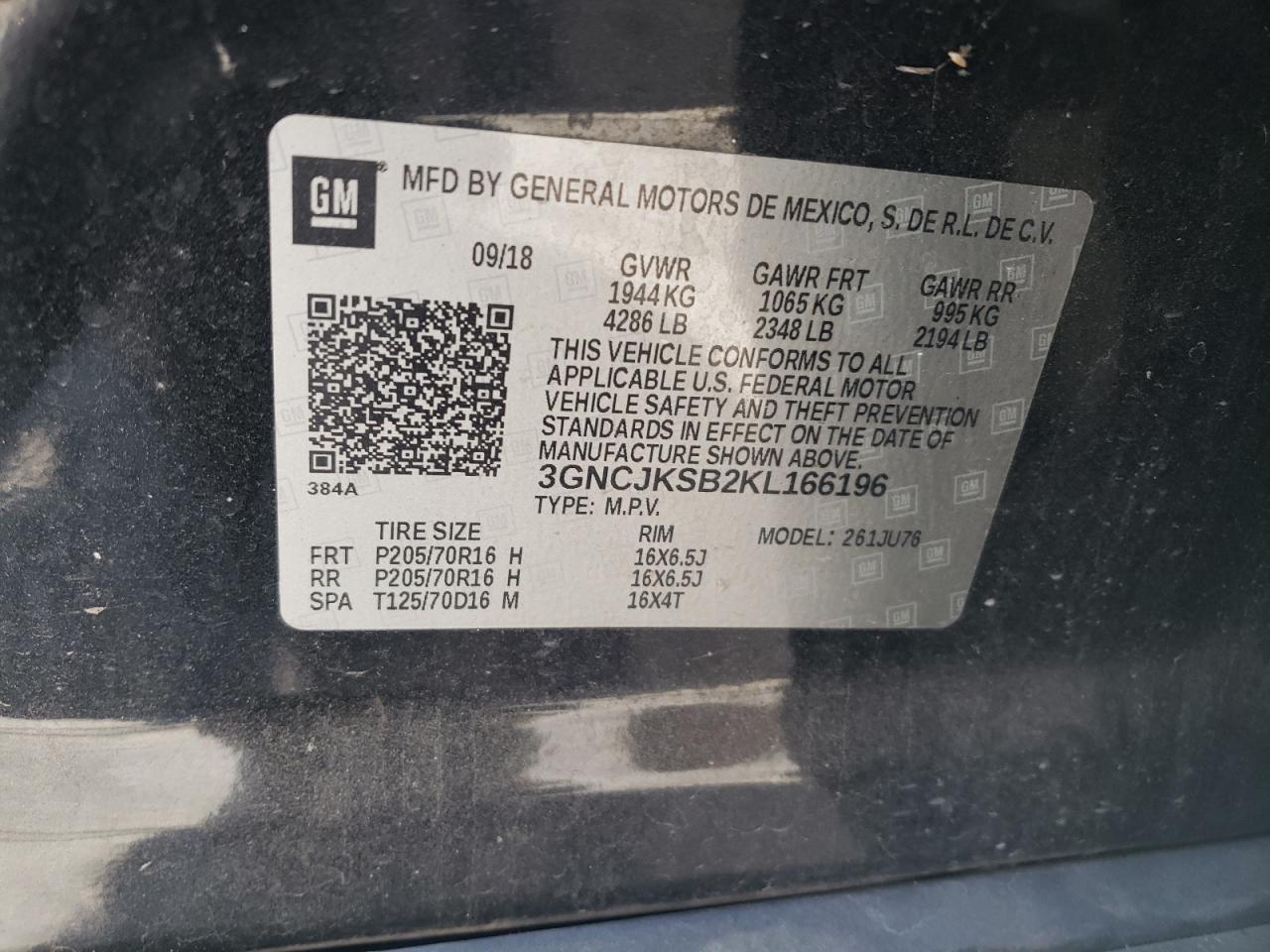 2019 Chevrolet Trax Ls VIN: 3GNCJKSB2KL166196 Lot: 68743945