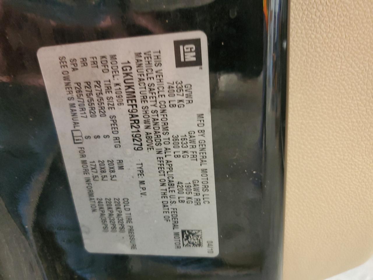 2010 GMC Yukon Xl Denali VIN: 1GKUKMEF9AR219279 Lot: 67189975