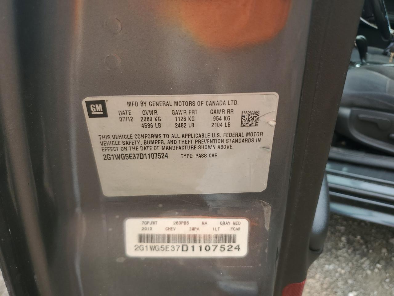 2013 Chevrolet Impala Lt VIN: 2G1WG5E37D1107524 Lot: 67739905